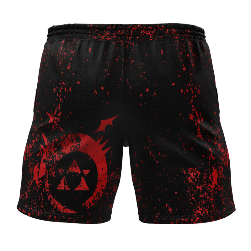 Edward Elric Transmutation Circle Fullmetal Alchemist Gym Shorts: Black athletic shorts with a red splatter design and an emblem of three triangles inside a circle with angular accents on the left leg.
