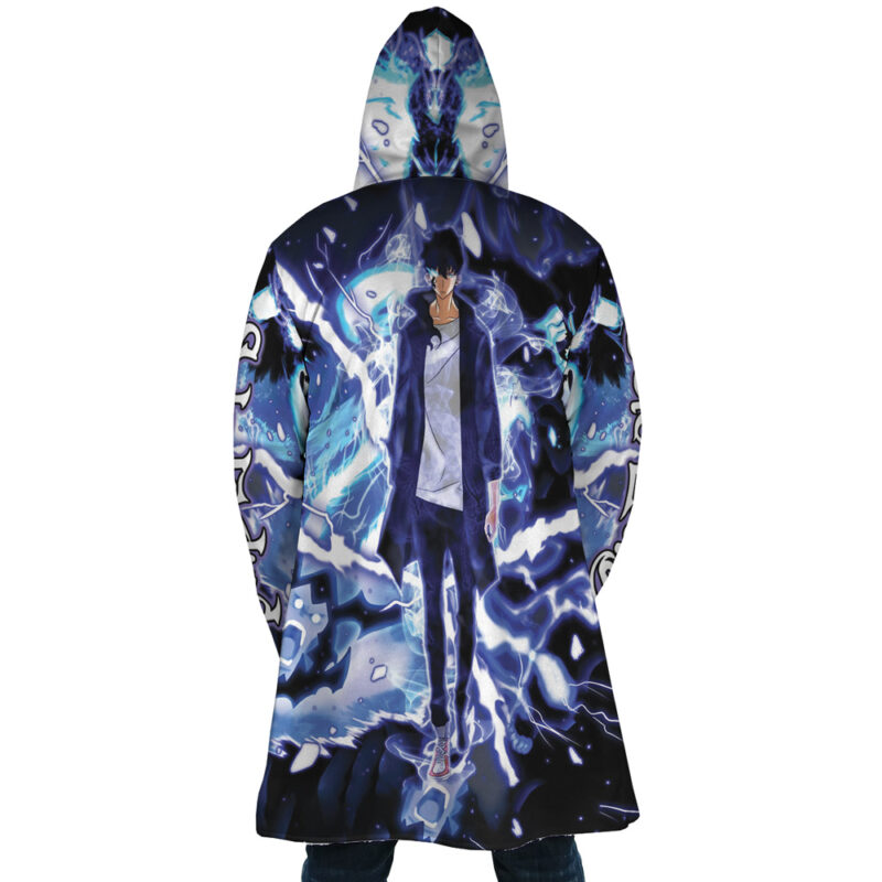 Someone wears the Trippy The Shadow Monarch Solo Leveling Dream Cloak Coat, which features vibrant artwork of an anime character with a serious expression surrounded by blue and purple electric energy patterns.