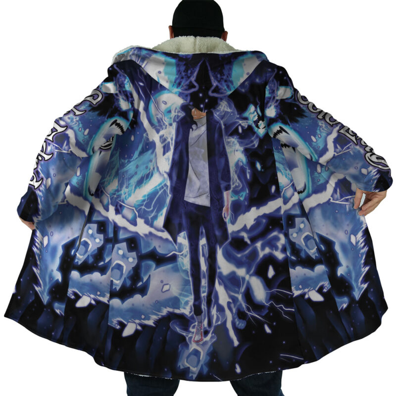 A person in the Trippy The Shadow Monarch Solo Leveling Dream Cloak Coat stands with arms outstretched, showcasing a vivid blue and purple figure surrounded by lightning and electric energy on the back.