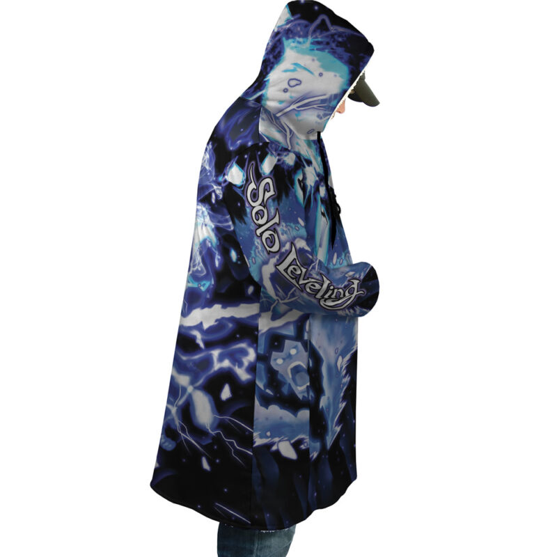 A person wearing the Trippy The Shadow Monarch Solo Leveling Dream Cloak Coat—blue and purple with a lightning pattern and "Solo Leveling" on the sleeve—viewed from the side against a white background.