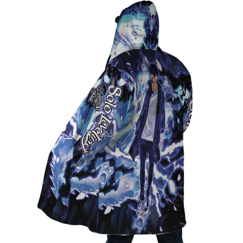 Someone wears the Trippy The Shadow Monarch Solo Leveling Dream Cloak Coat, showcasing an anime-style character with blue lightning, energy patterns, dynamic electric effects, and stylized text across the fabric.