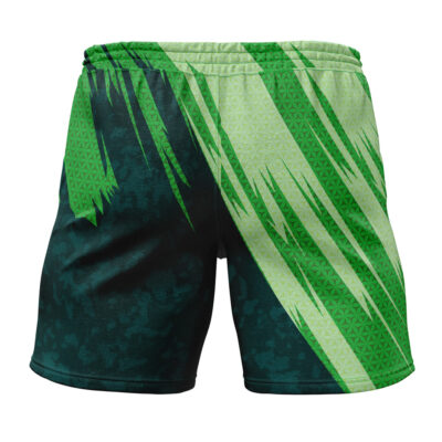 Bulbasaur Attack Pokemon Gym Shorts feature a bold, abstract pattern with light and dark green geometric shapes and diagonal streaks, creating a dynamic and energetic look.