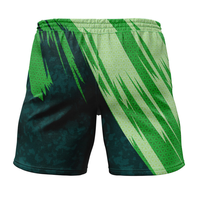 Bulbasaur Attack Pokemon Gym Shorts feature a bold, abstract pattern with light and dark green geometric shapes and diagonal streaks, creating a dynamic and energetic look.