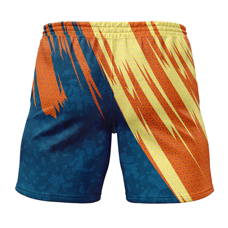 Charizard Attack Pokemon Gym Shorts with a bold design of blue, orange, and yellow diagonal streaks and geometric patterns, seen from the back.
