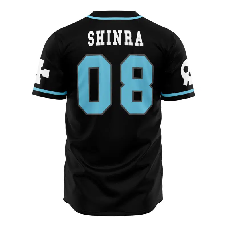 The Shinra Company 8 Fire Force Baseball Jersey features a black base with blue and white trim, SHINRA above the number 08 in large blue numbers outlined in white on the back, and white skull-themed graphics on the sleeves.