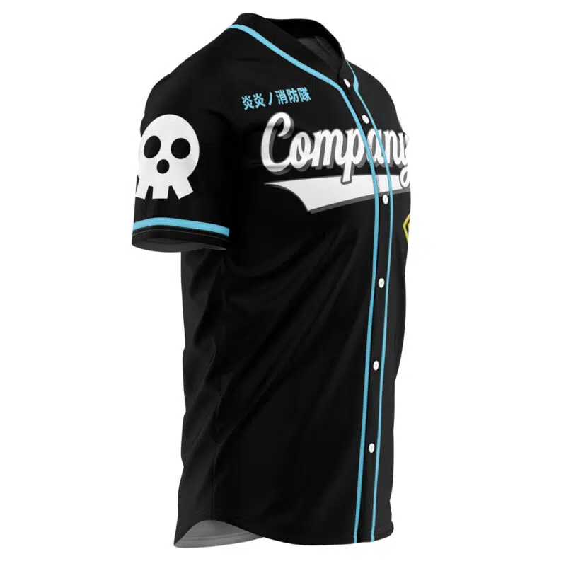 The Shinra Company 8 Fire Force Baseball Jersey is black with light blue trim, a white skull on the sleeve, Japanese text on the chest, and “Company” in bold white script across the front.