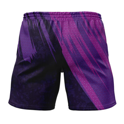 The Gengar Attack Pokemon Gym Shorts are shown from the back, showcasing a bold purple and black design with diagonal geometric patterns and streaks in multiple purple shades.