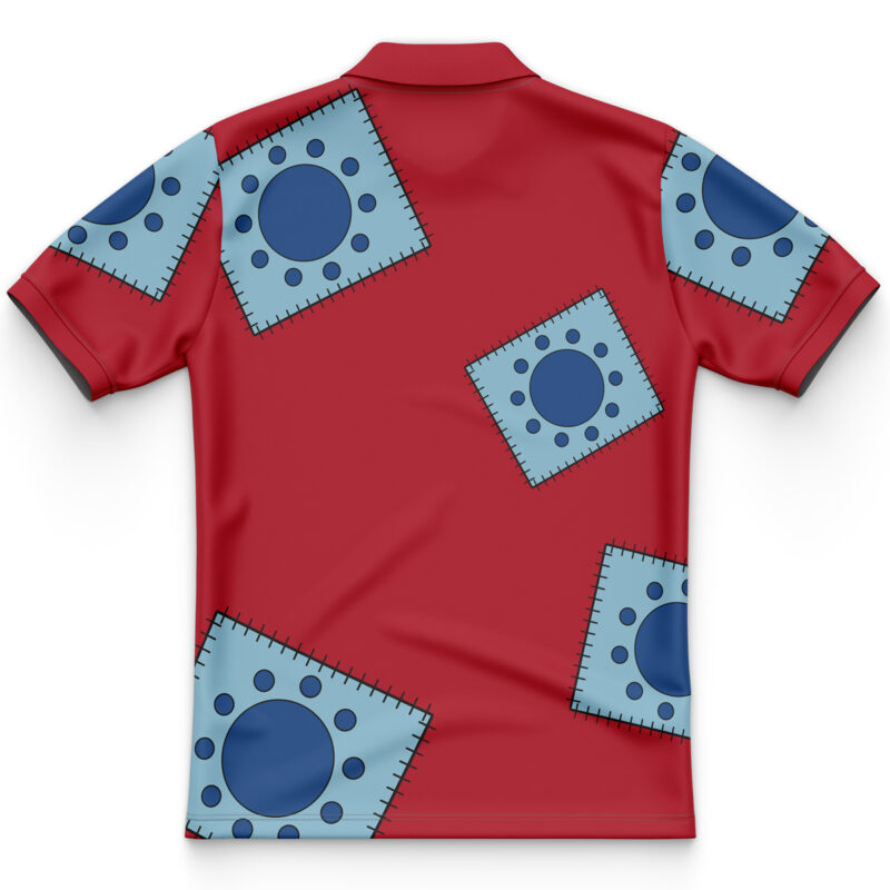 The Luffy Wano One Piece Polo Shirt is a red, short-sleeved polo with large blue patches featuring dark blue dots and stitched edges, randomly placed across the back.