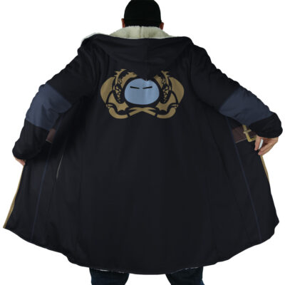 A person is seen from behind wearing the Rimuru Tempest That Time I Got Reincarnated as a Slime Dream Cloak Coat, a long black coat with a large gold and silver emblem of intertwined dragons and a mask on the back. The open coat reveals its wide interior.