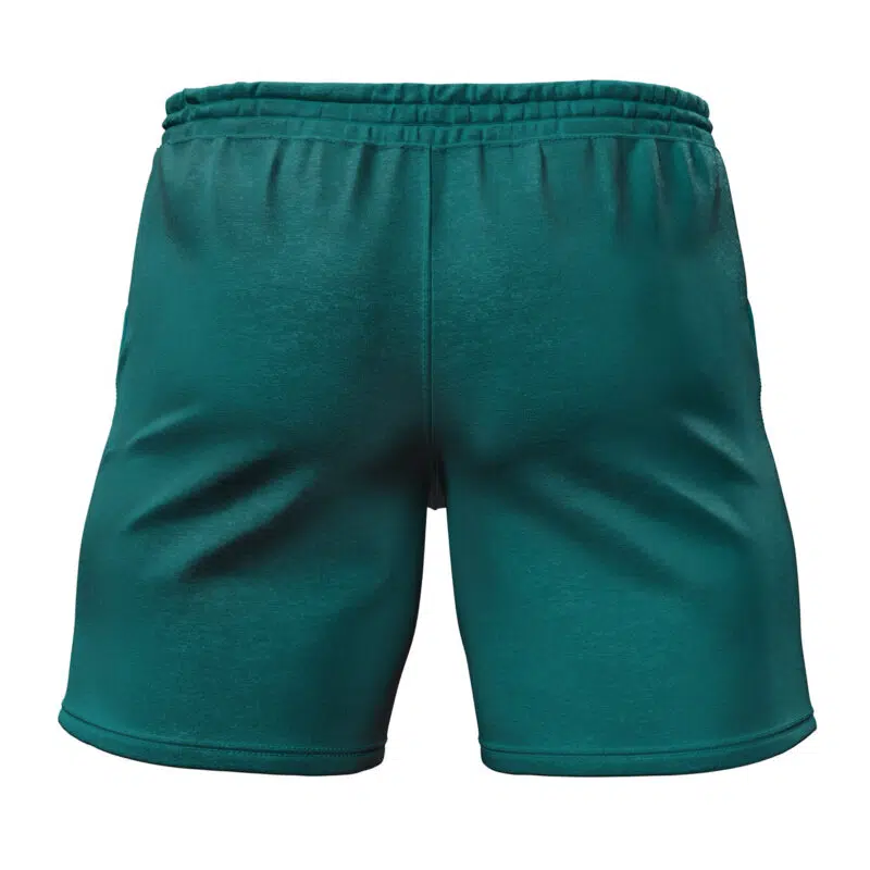 Back view of Snorlax Face Pokemon Gym Shorts in teal with an elastic waistband, displayed on a white background.