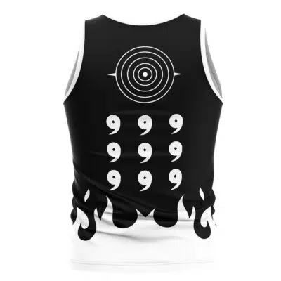 The Sage of the Six Paths Shippuden Tank Top is sleeveless, black and white, with a large circular symbol, nine comma-shaped marks in three rows, and a flame pattern along the lower back.