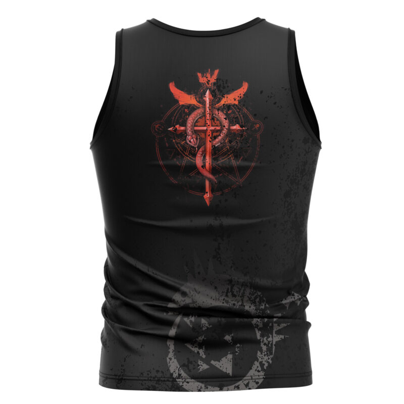 Edward Elric Transmutation Circle Fullmetal Alchemist Tank Top—black, sleeveless, with a red alchemy symbol on the back featuring a winged serpent around a cross and a faded gray circular design at the lower back.
