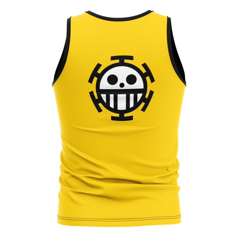 The Trafalgar Law One Piece Tank Top is a sleeveless yellow shirt with black trim and a large black and white smiley face pirate emblem on the back.