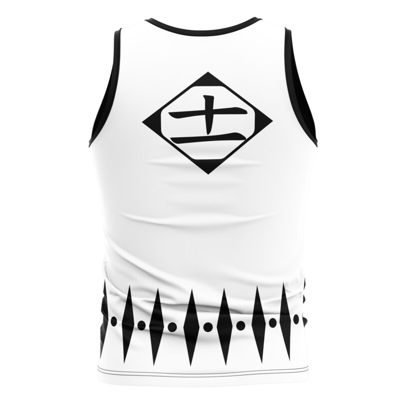 The Zaraki Kenpachi Bleach Tank Top is a white sleeveless shirt with black trim, showcasing a bold black diamond symbol with a Japanese character on the upper back and a row of smaller black diamonds with dots along the lower back.