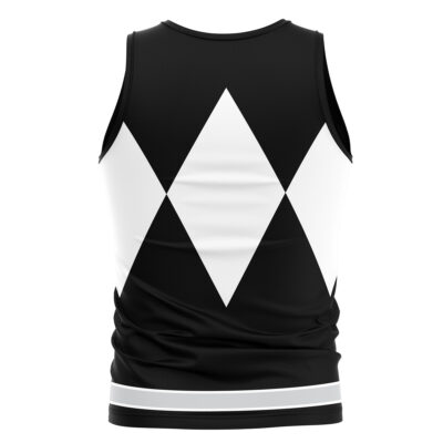 The Black Ranger Mighty Morphin Power Rangers Tank Top is a sleeveless black tank featuring two large white diamond shapes on the back and two horizontal white stripes near the bottom hem.