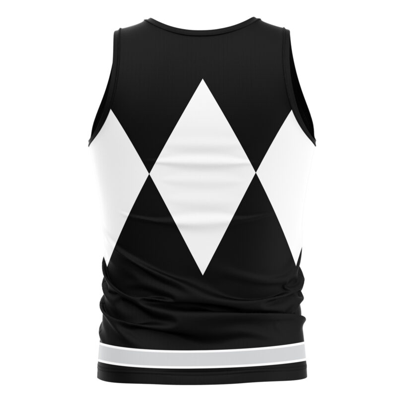 The Black Ranger Mighty Morphin Power Rangers Tank Top is a sleeveless black tank featuring two large white diamond shapes on the back and two horizontal white stripes near the bottom hem.