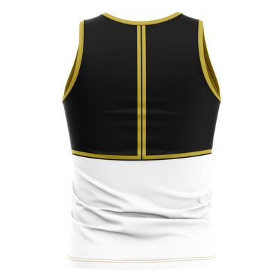 The White Ranger Mighty Morphin Power Rangers Tank Top is a sleeveless athletic top with a black upper section, gold trim, and a white lower section, separated by horizontal and vertical gold lines on the back.
