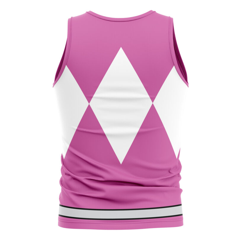 The Pink Ranger Mighty Morphin Power Rangers Tank Top is a sleeveless athletic top featuring a pink background, bold white diamonds on the back, and two slim black stripes near the bottom hem.