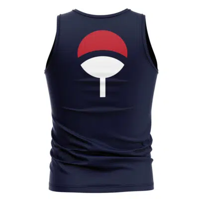 The Uchiha Clan Symbol Shippuden Tank Top is a navy blue sleeveless shirt featuring a red and white fan-shaped emblem on the back, inspired by the Uchiha clan from Naruto.