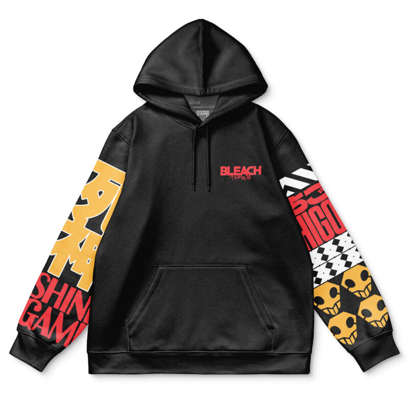 The Ichigo Kurosaki TYBWA V2 Bleach Streetwear Hoodie is black with BLEACH in red on the chest, bold yellow Japanese characters and SHINIGAMI on the left sleeve, plus red text, skull icons, and patterns on the right sleeve.