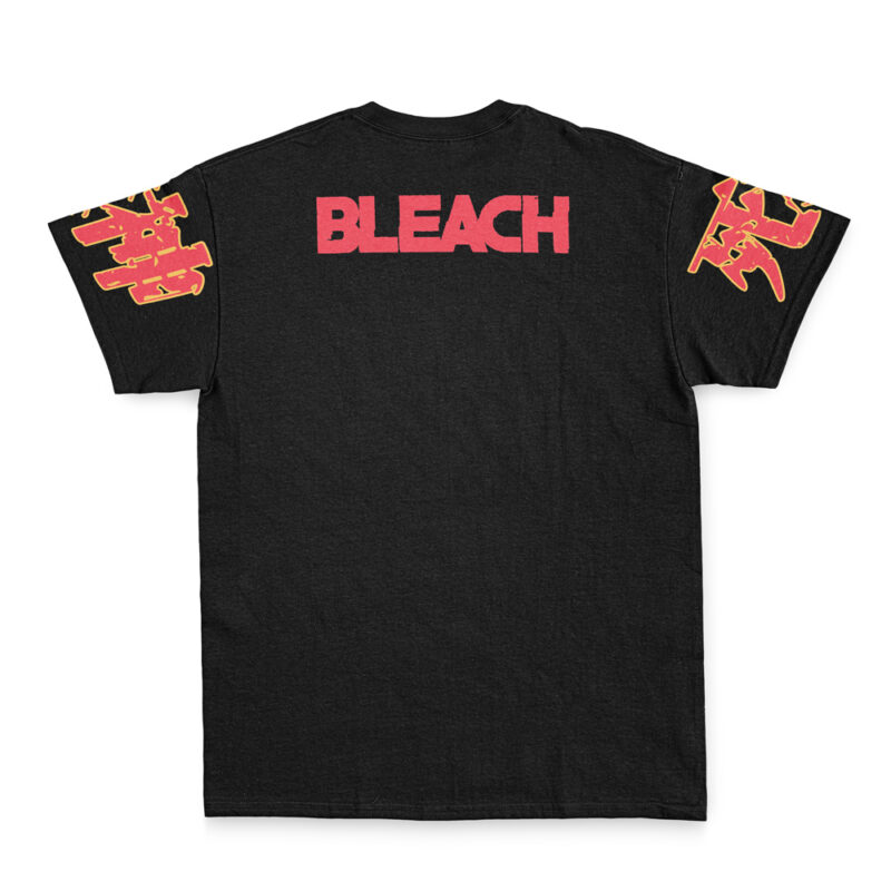 Zaraki Kenpachi TYBWA V3 Bleach Streetwear T-Shirt laid flat, featuring "BLEACH" in bold red on the back and yellow stylized Japanese characters on both sleeves.