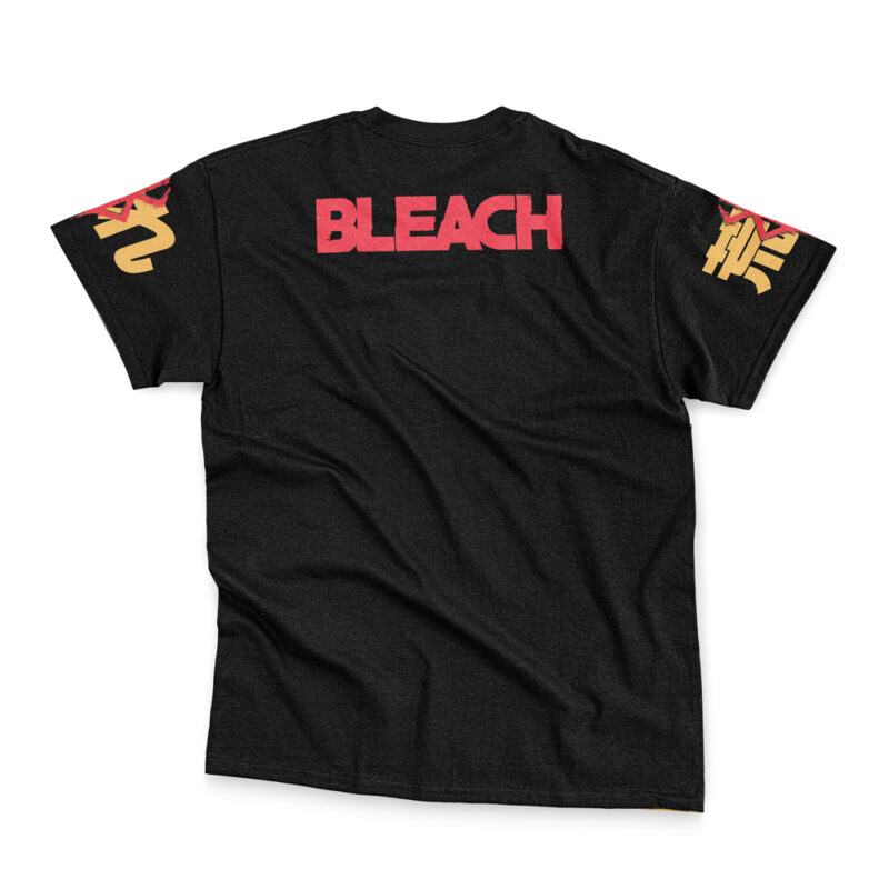 The Zaraki Kenpachi TYBWA V3 Bleach Streetwear T-Shirt is black with BLEACH in bold red on the upper back and stylized yellow and red Japanese characters on both sleeves.