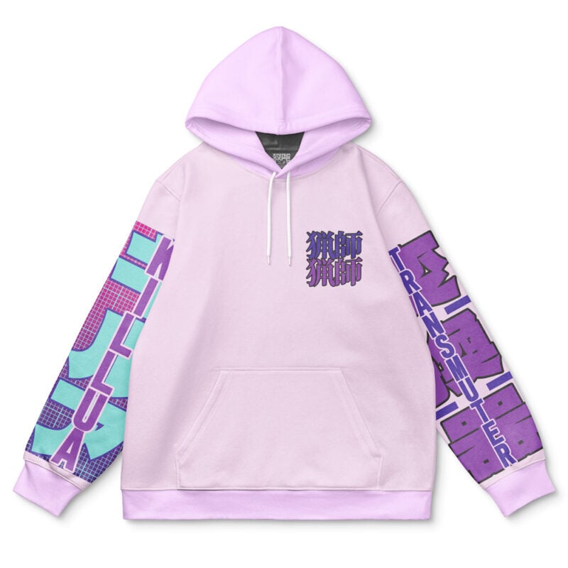 The Killua Zoldyck V3 Hunter x Hunter Streetwear Hoodie is pastel purple with a front pocket. "KILLUA" appears in bold on the left sleeve over blue-purple geometric patterns; "TRANSMUTER" decorates the right, plus stylized chest logos.