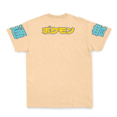 The Snorlax V3 Pokemon Streetwear T-Shirt features bold blue Japanese characters on each sleeve and large yellow Japanese text outlined in blue across the upper back, all on a beige tee.
