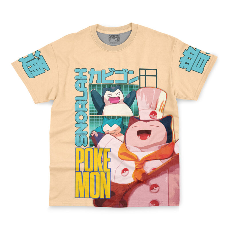 The Snorlax V3 Pokemon Streetwear T-Shirt is a beige tee featuring three images of Snorlax in different chef poses, blue Japanese text, "Snorlax," and bold yellow "Pokémon" text.