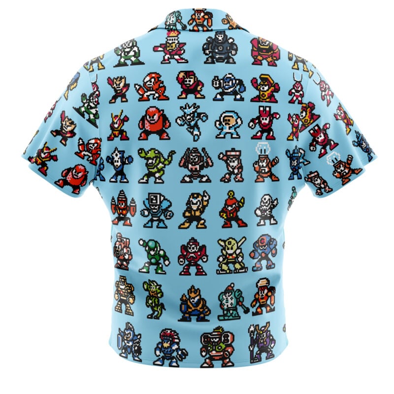 The Badguys Mega Man Button Up Hawaiian Shirt is a light blue short-sleeve shirt with rows of colorful 8-bit video game characters covering the entire back.