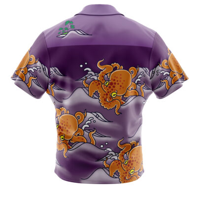 The Chili Octo Aloha Splatoon Button Up Hawaiian Shirt is a short-sleeved purple shirt with orange octopuses and stylized waves on the back, plus a small green coral graphic near the left shoulder.