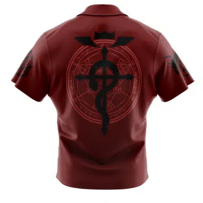 The Edward V2 Fullmetal Alchemist Button Up Hawaiian Shirt is maroon with a large black alchemical symbol featuring wings and a crown on the back, arcane circle designs, and smaller black symbols on each short sleeve.