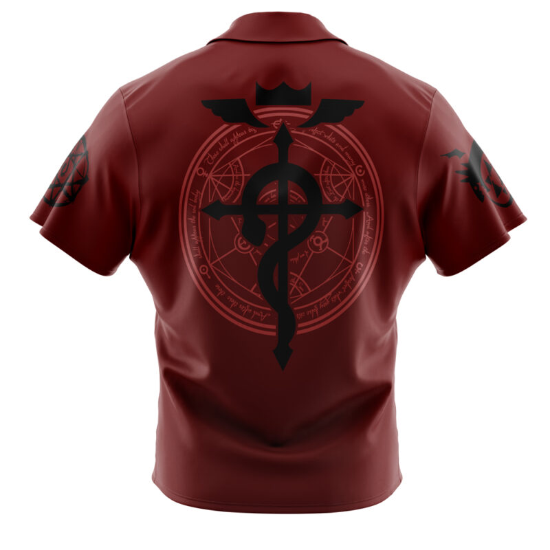 The Edward V2 Fullmetal Alchemist Button Up Hawaiian Shirt is maroon with a large black alchemical symbol featuring wings and a crown on the back, arcane circle designs, and smaller black symbols on each short sleeve.