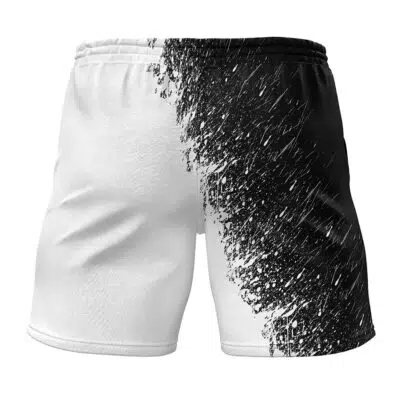 The Ken Kaneki Tokyo Ghoul Gym Shorts feature a black and white split design with a diagonal paint splatter effect, transitioning from white on the left to black on the right.