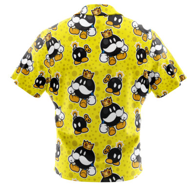 The King Bob Omb Super Mario Bros Button Up Hawaiian Shirt features short sleeves and a fun repeating pattern of crowned bomb characters with mustaches on a dotted yellow background.
