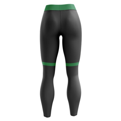 Back view of Bakugo My Hero Academia Leggings—black with a green waistband and a green stripe above the knees—shown on a white background.