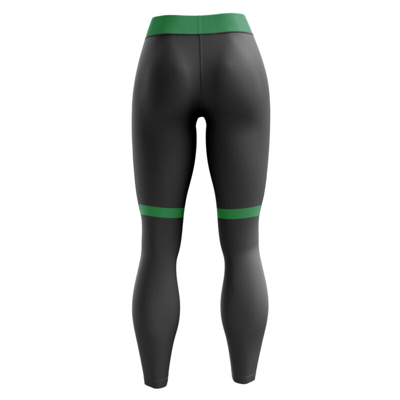 Back view of Bakugo My Hero Academia Leggings—black with a green waistband and a green stripe above the knees—shown on a white background.