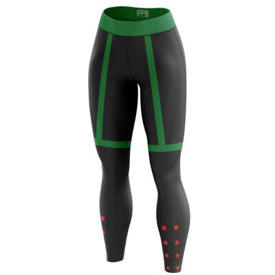 Bakugo My Hero Academia Leggings featuring black fabric with green geometric stripes at the waist and thighs, plus red dots on the lower legs near the ankles, displayed against a plain white background.