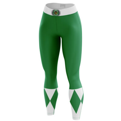 The Green Ranger Mighty Morphin Power Rangers Leggings feature a white waistband and diamond patterns near the ankles, inspired by the iconic Green Ranger costume.