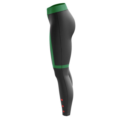 Bakugo My Hero Academia Leggings with a green waistband, green accents, and three small red dots near the outer ankle, shown from the side.