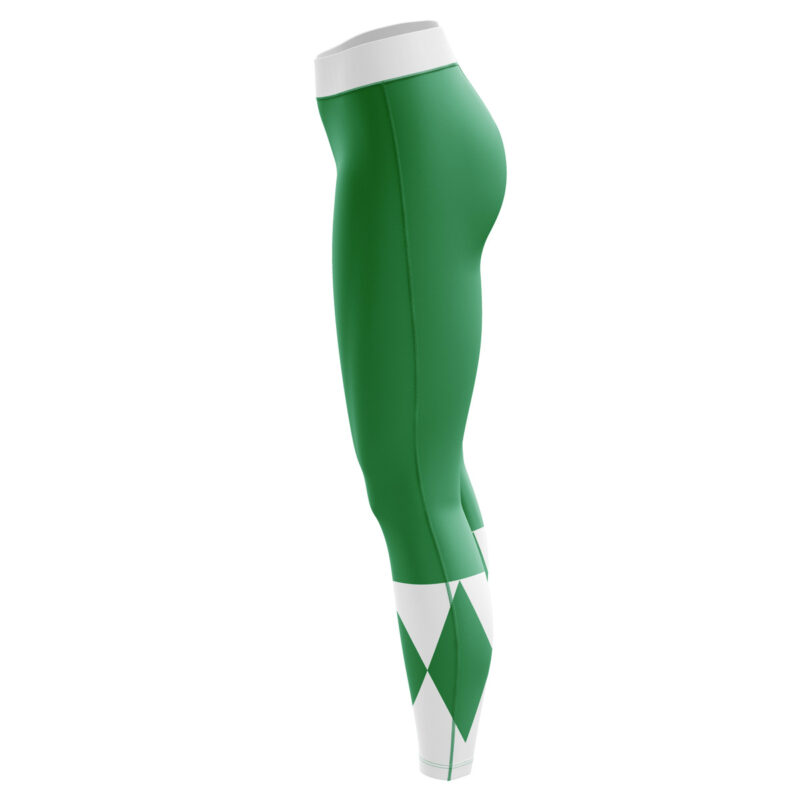 Green Ranger Mighty Morphin Power Rangers Leggings featuring a white waistband and white diamond-shaped ankle patterns, displayed in a side profile against a white background.