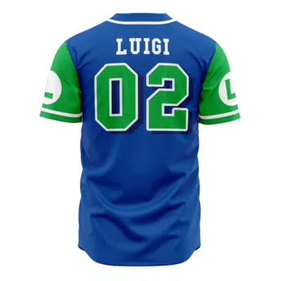 The Luigi Mario Bros Baseball Jersey is blue and green, features the name LUIGI and large number 02 on the back, plus white sleeve patches with a green L.