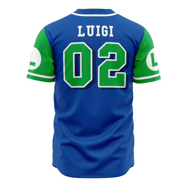 The Luigi Mario Bros Baseball Jersey is blue and green, features the name LUIGI and large number 02 on the back, plus white sleeve patches with a green L.