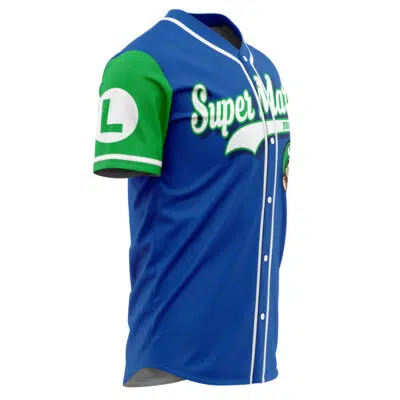 The Luigi Mario Bros Baseball Jersey features blue fabric, green sleeves, white trim, and “Super Mario” in white and green on the chest. A large white L in a green circle appears on the left sleeve.