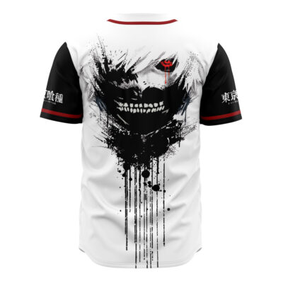 The One Eyed Ghoul Tokyo Ghoul Baseball Jersey is white with black sleeves and red trim, featuring a large, dark abstract masked face with a sinister grin and sharp teeth on the back, accented by black ink splatters and Japanese text.