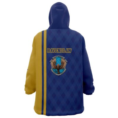 The Ravenclaw Harry Potter Snug Oversized Blanket Hoodie features the crest and name on a blue and gold background with a diagonal diamond pattern, shown from the back.