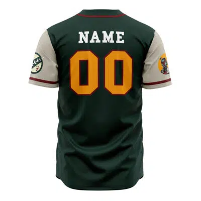 The Personalized Mandalorians Boba Fett Star Wars Baseball Jersey features a green body, beige sleeves, red trim, and arm patches. "NAME" and "00" appear in bold orange outline text on the back. Displayed on a plain white background.