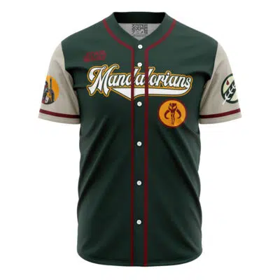 The Personalized Mandalorians Boba Fett Star Wars Baseball Jersey features green and beige colors, yellow script, themed logos, and maroon sleeve and collar trim.