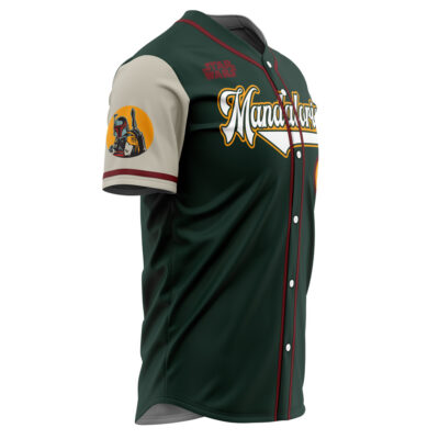 The Personalized Mandalorians Boba Fett Star Wars Baseball Jersey features dark green and beige colors, “Mandalorian” across the chest, “Star Wars” on the shoulder, and a Mandalorian helmet patch on the sleeve.