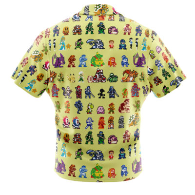 The Ultimate Roster Super Smash Bros Button Up Hawaiian Shirt features short sleeves, a yellow background, and rows of colorful pixel art characters from the classic video game series.